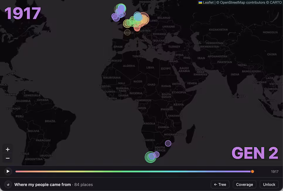 My ancestors visualised on a map over time